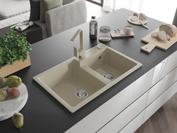 Mexen Tomas 2-compartment granite sink with a kitchen mixer tap Rita, Beige - 6516-69-670300-69