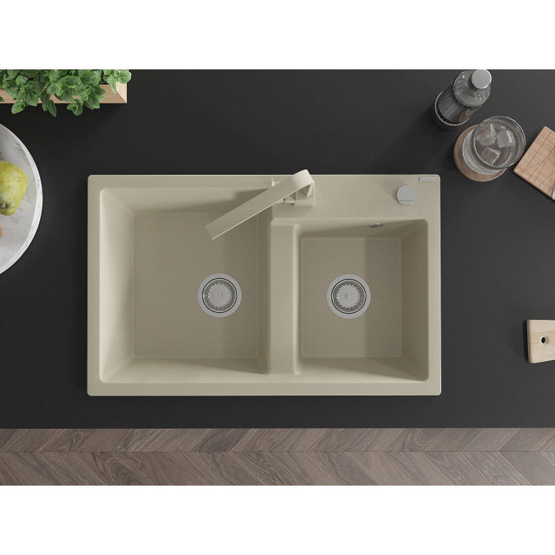 Mexen Tomas granite double sink with Rita kitchen tap, beige - 6516-69-670300-69