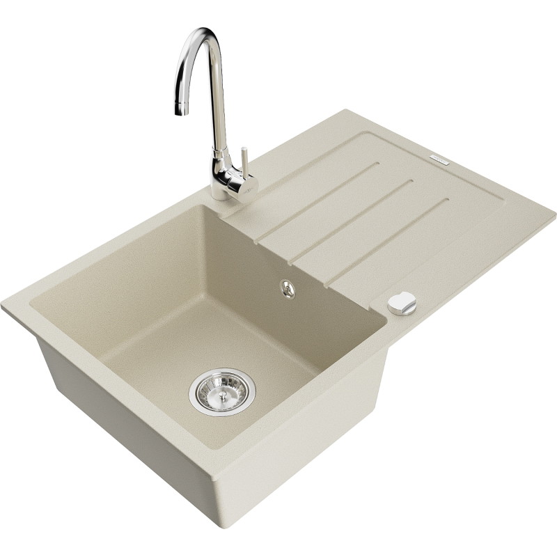 Mexen Bruno 1-bowl granite sink with drainer and Telma kitchen faucet, beige - 6513-69-670200-00