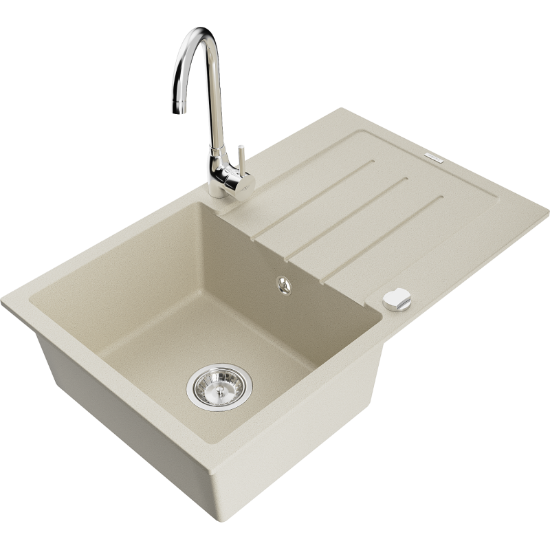 Mexen Bruno granite sink 1-bowl with drainer and Telma kitchen tap, beige - 6513-69-670200-00