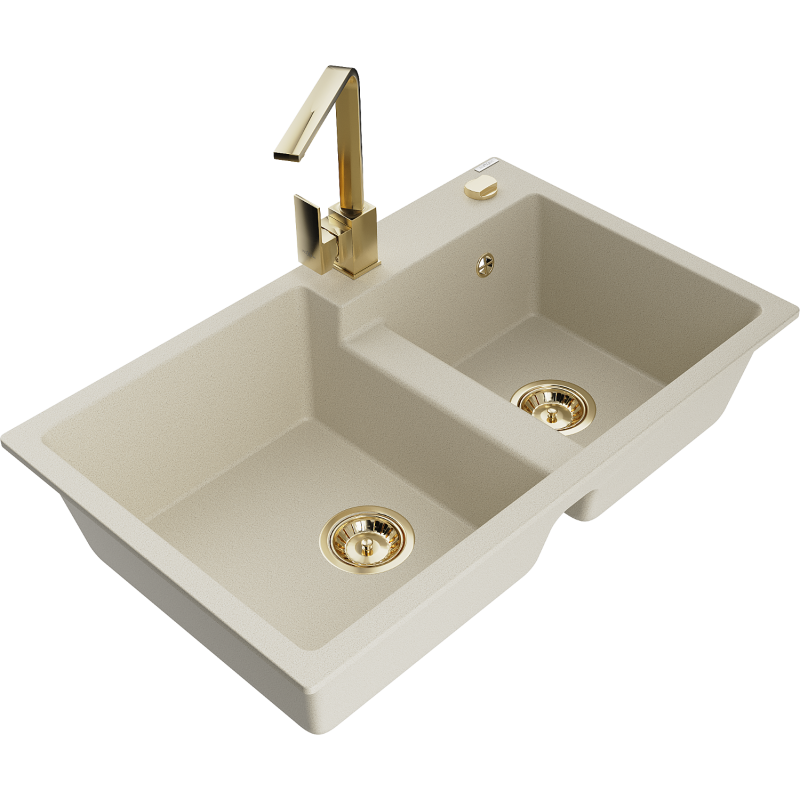 Mexen Tomas 2-bowl granite sink with Rita kitchen tap, beige - 6516-69-670300-50