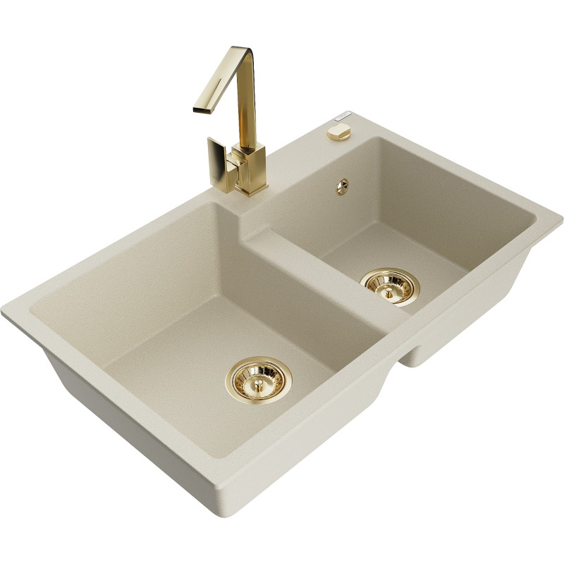Mexen Tomas granite double-bowl kitchen sink with Rita tap, beige - 6516-69-670300-50