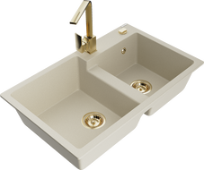 Mexen Tomas granite double-bowl kitchen sink with Rita tap, beige - 6516-69-670300-50