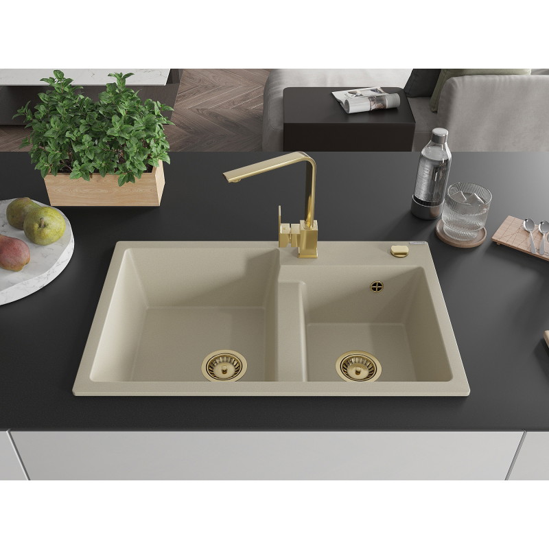 Mexen Tomas granite double-bowl kitchen sink with Rita tap, beige - 6516-69-670300-50