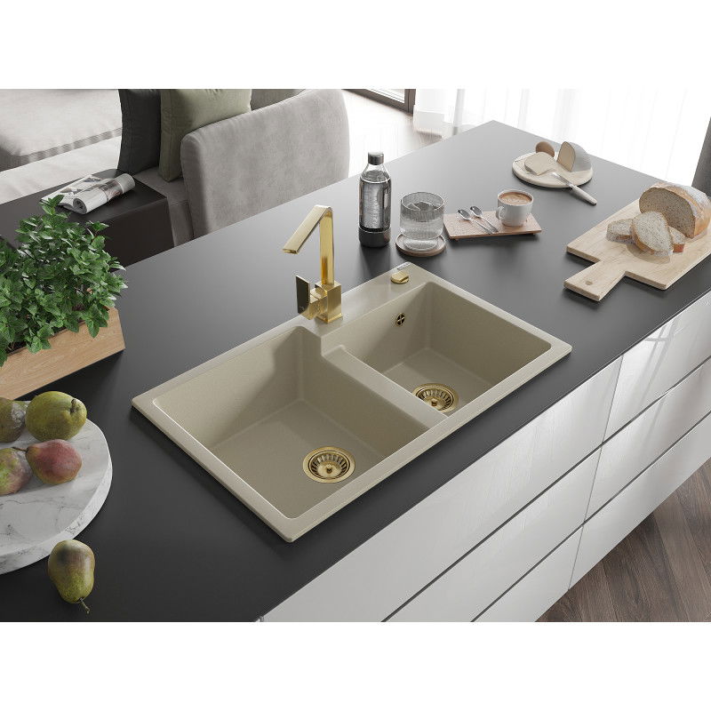 Mexen Tomas 2-bowl granite sink with Rita kitchen tap, beige - 6516-69-670300-50