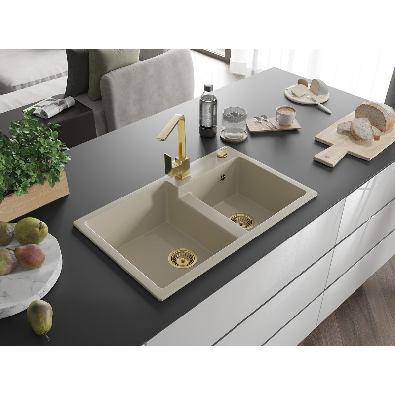 Mexen Tomas granite double-bowl sink with kitchen faucet Rita, beige - 6516-69-670300-50