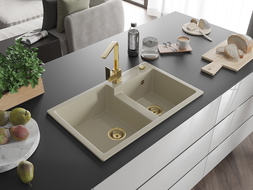 Mexen Tomas 2-compartment granite sink with a kitchen mixer tap Rita, Beige - 6516-69-670300-50