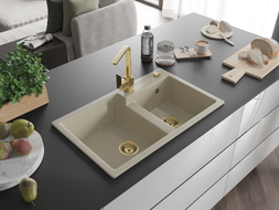 Mexen Tomas granite double-bowl kitchen sink with Rita tap, beige - 6516-69-670300-50