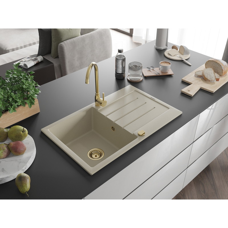 Mexen Bruno 1-bowl granite sink with drainer and Telma kitchen faucet, beige - 6513-69-670200-50