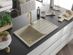 Mexen Bruno granite kitchen sink 1-bowl with drainer and Telma kitchen faucet, beige - 6513-69-670200-50