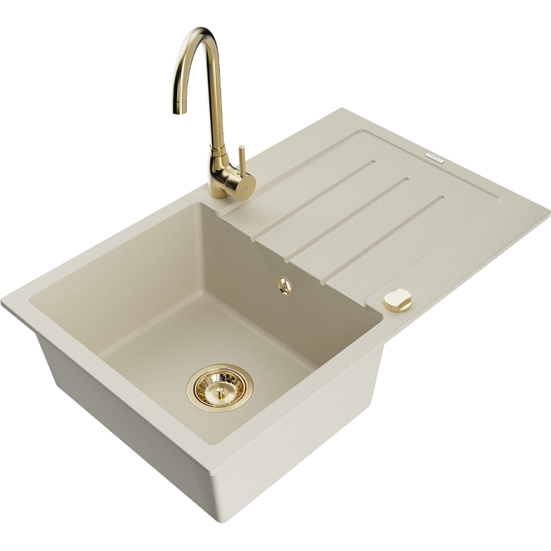 Mexen Bruno single-bowl granite sink with drainer and Telma kitchen tap, beige - 6513-69-670200-50