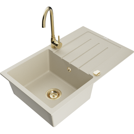 Mexen Bruno granite kitchen sink 1-bowl with drainer and Telma kitchen faucet, beige - 6513-69-670200-50