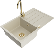Mexen Bruno 1-compartment granite sink with a drip tray and kitchen mixer tap Telma, Beige - 6513-69-670200-50