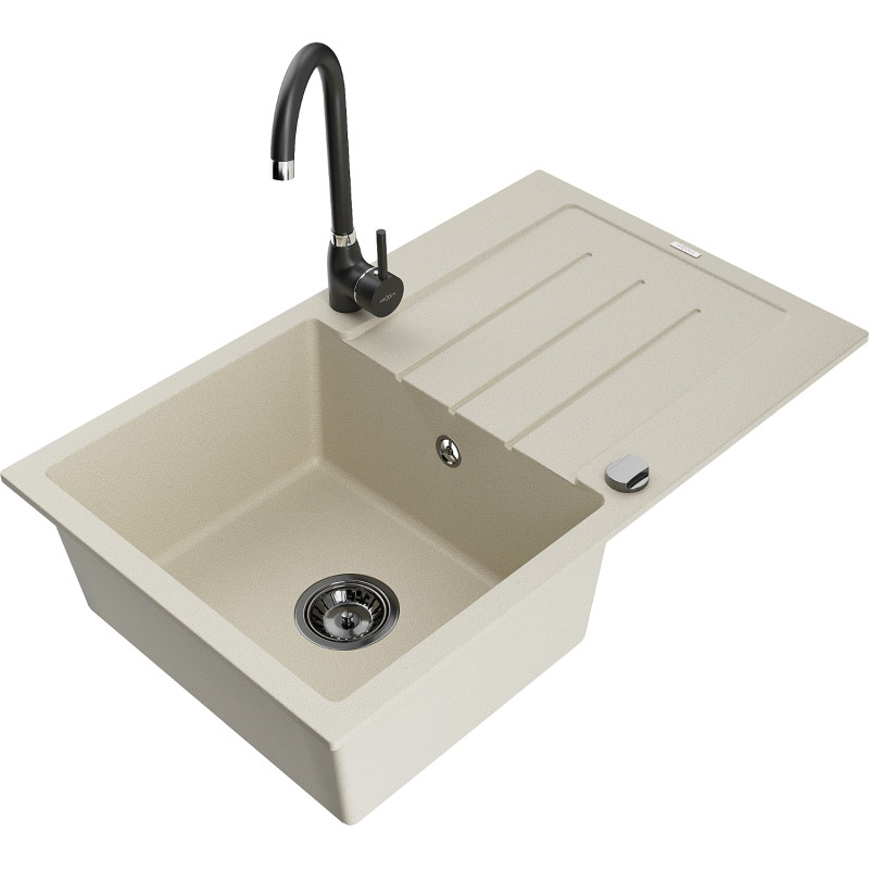 Mexen Bruno 1-bowl granite sink with drainer and Telma kitchen faucet, beige - 6513-69-670200-70