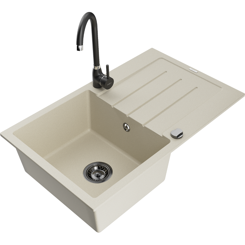 Mexen Bruno 1-compartment granite sink with a drip tray and kitchen mixer tap Telma, Beige - 6513-69-670200-70