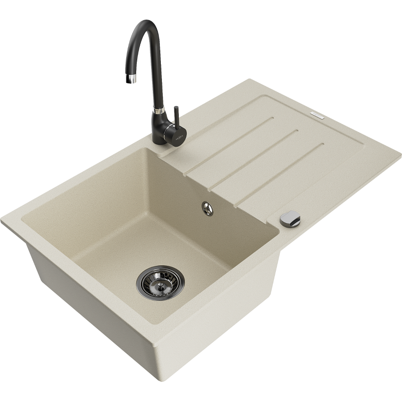 Mexen Bruno granite single-bowl kitchen sink with drainer and Telma kitchen tap, beige - 6513-69-670200-70