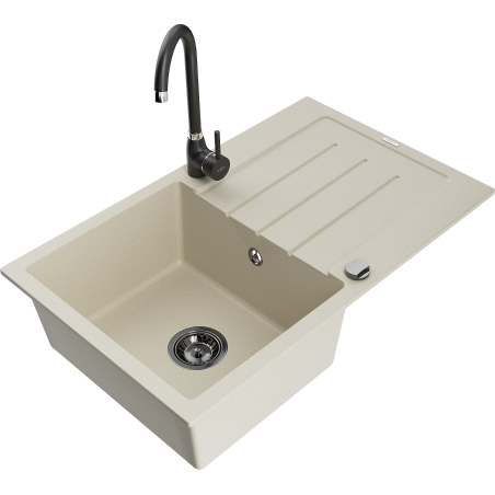 Mexen Bruno 1-compartment granite sink with a drip tray and kitchen mixer tap Telma, Beige - 6513-69-670200-70