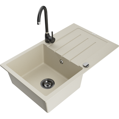 Mexen Bruno granite single-bowl kitchen sink with drainer and Telma kitchen tap, beige - 6513-69-670200-70