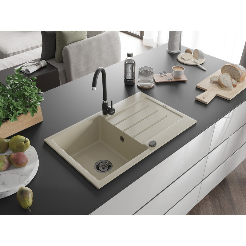 Mexen Bruno 1-bowl granite sink with drainer and Telma kitchen faucet, beige - 6513-69-670200-70