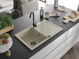 Mexen Bruno granite kitchen sink 1-bowl with drainer and Telma kitchen faucet, beige - 6513-69-670200-70