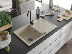 Mexen Bruno granite single-bowl kitchen sink with drainer and Telma kitchen tap, beige - 6513-69-670200-70