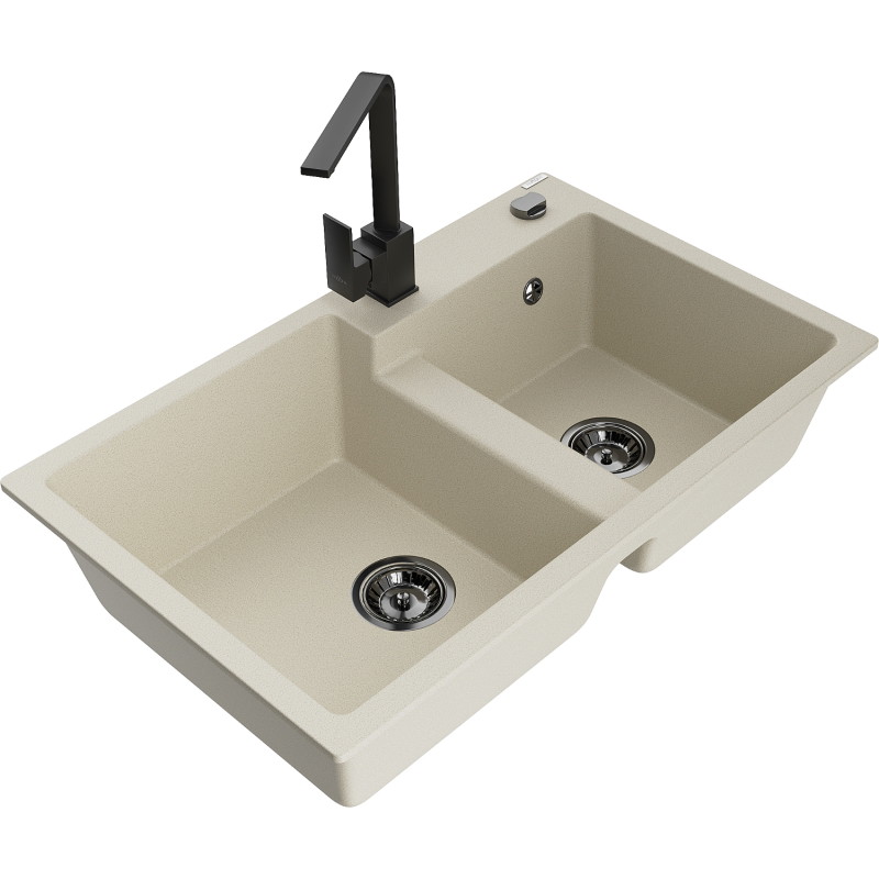 Mexen Tomas 2-bowl granite sink with Rita kitchen faucet, beige - 6516-69-670300-70