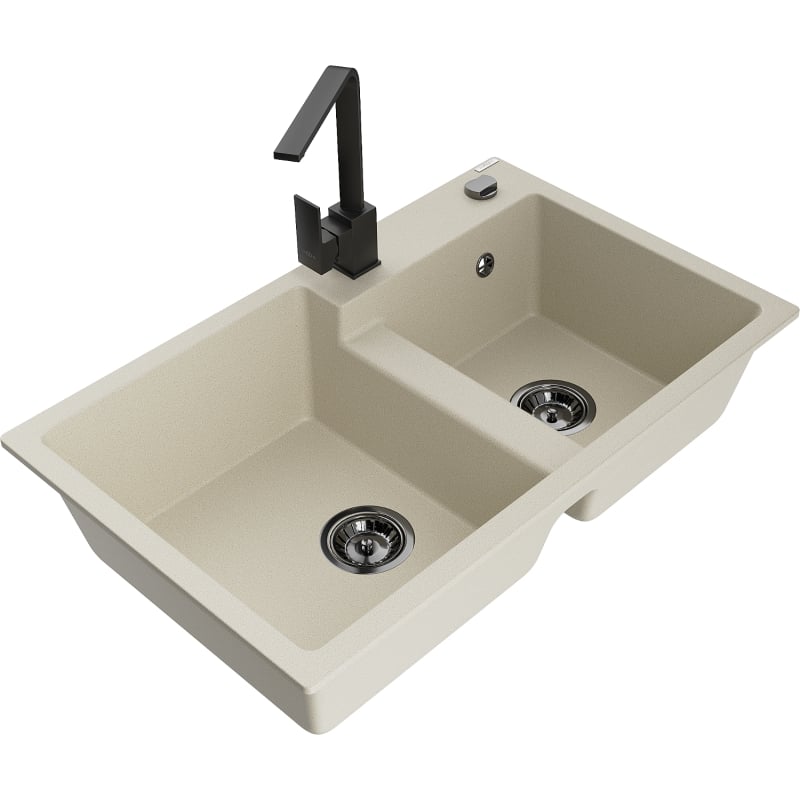 Mexen Tomas 2-chamber granite sink with Rita kitchen faucet, beige - 6516-69-670300-70