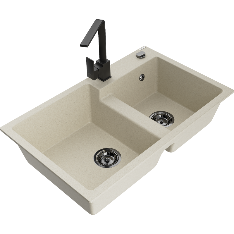 Mexen Tomas 2-compartment granite sink with a kitchen mixer tap Rita, Beige - 6516-69-670300-70