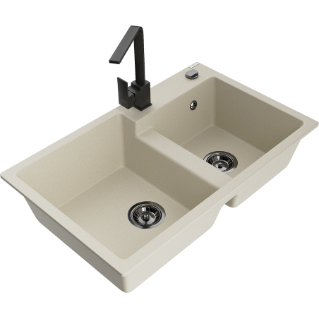 Mexen Tomas 2-chamber granite sink with Rita kitchen faucet, beige - 6516-69-670300-70