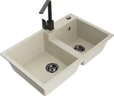 Mexen Tomas 2-bowl granite sink with Rita kitchen faucet, beige - 6516-69-670300-70