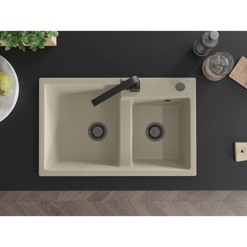 Mexen Tomas 2-chamber granite sink with Rita kitchen faucet, beige - 6516-69-670300-70