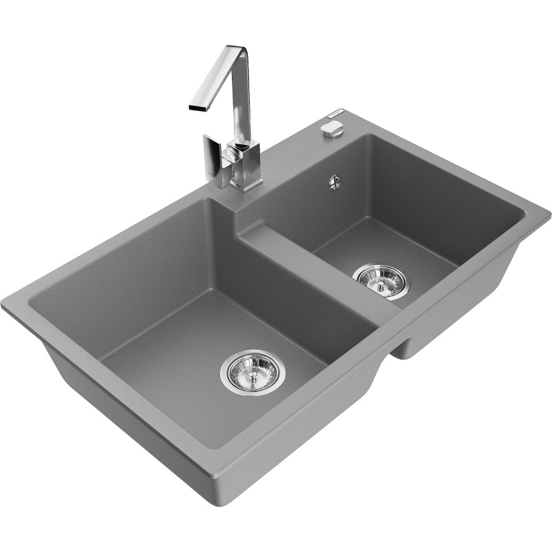 Mexen Tomas 2-Bowl Granite Kitchen Sink with Rita Faucet, Gray - 6516-71-670300-00