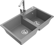 Mexen Tomas granite double-bowl sink with Rita kitchen faucet, gray - 6516-71-670300-00