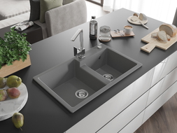 Mexen Tomas granite double-bowl sink with Rita kitchen faucet, gray - 6516-71-670300-00