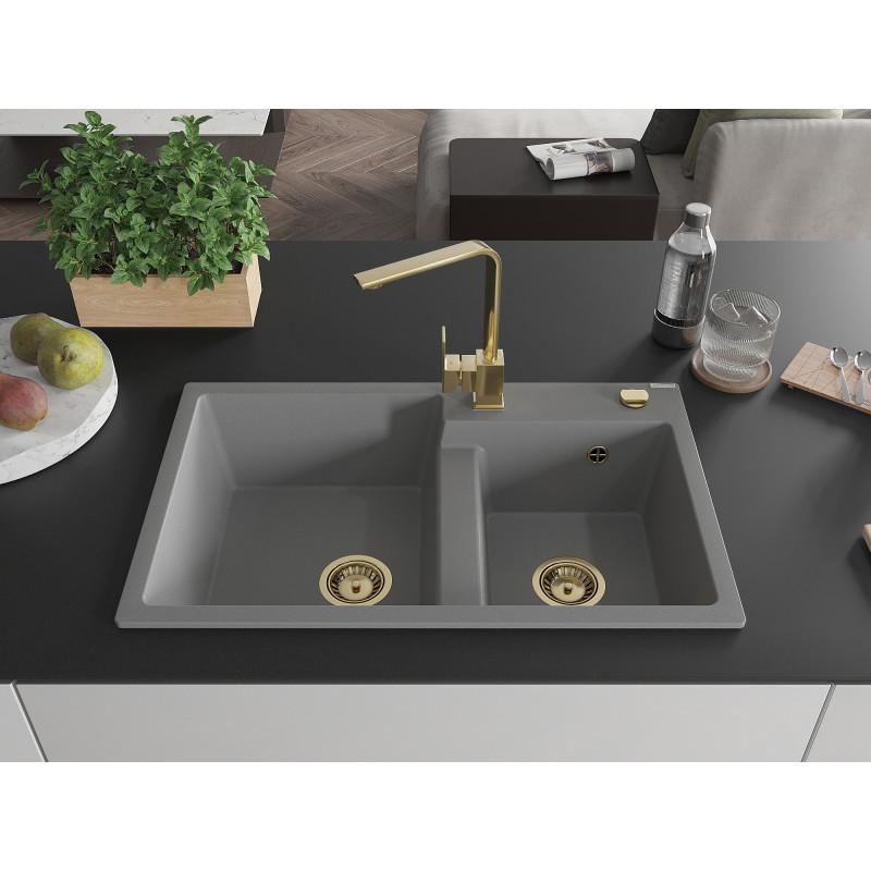 Mexen Tomas 2-bowl granite sink with kitchen faucet Rita, gray - 6516-71-670300-50