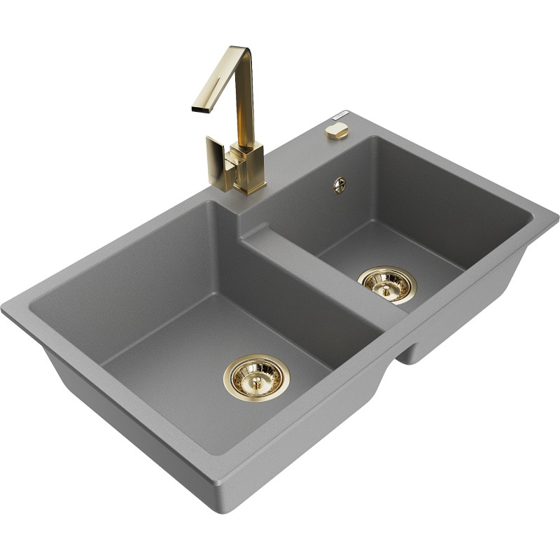 Mexen Tomas 2-bowl granite sink with kitchen faucet Rita, gray - 6516-71-670300-50