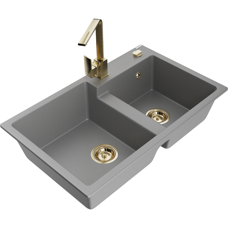 Mexen Tomas 2-compartment granite sink with a kitchen mixer tap Rita, Grey - 6516-71-670300-50