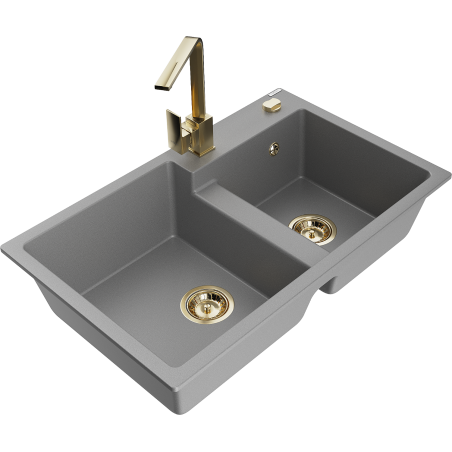Mexen Tomas 2-bowl granite sink with kitchen faucet Rita, gray - 6516-71-670300-50