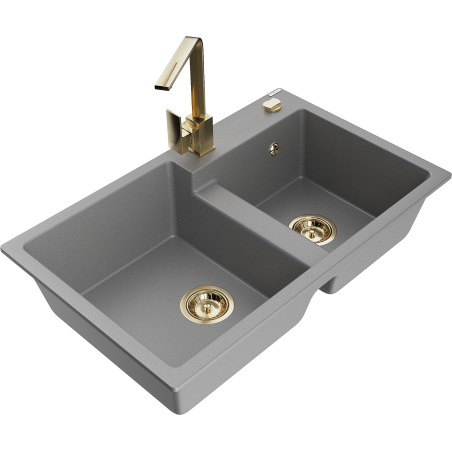 Mexen Tomas granite sink 2-bowl with Rita kitchen tap, grey - 6516-71-670300-50