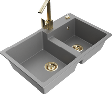 Mexen Tomas 2-bowl granite sink with Rita kitchen faucet, gray - 6516-71-670300-50