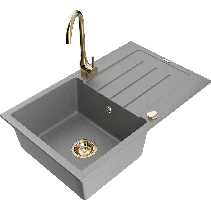Mexen Bruno 1-bowl granite sink with drainer and Telma kitchen faucet, gray - 6513-71-670200-50