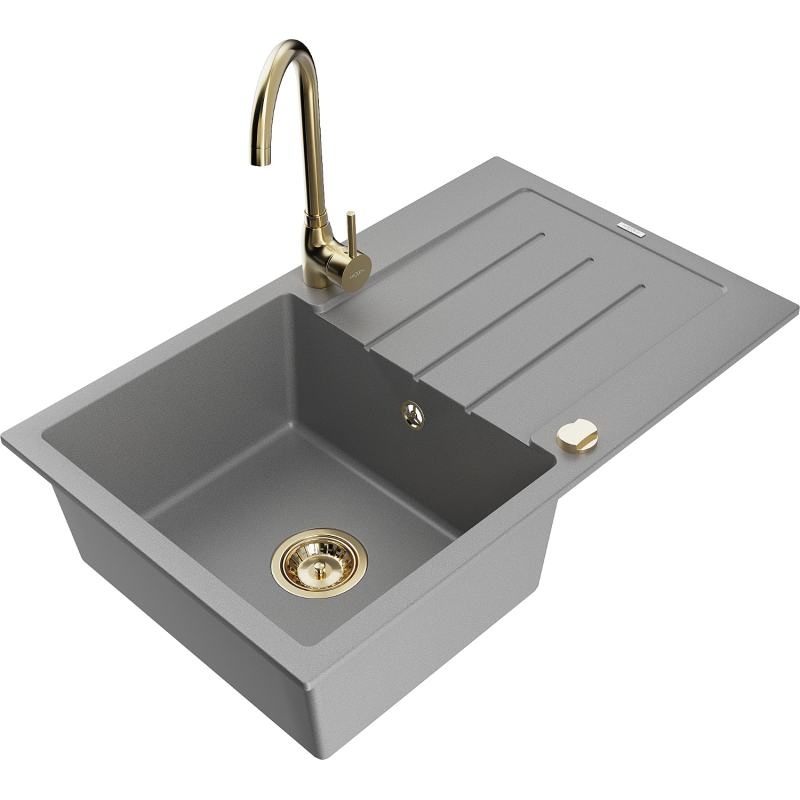 Mexen Bruno 1-bowl granite sink with drainer and Telma kitchen tap, grey - 6513-71-670200-50