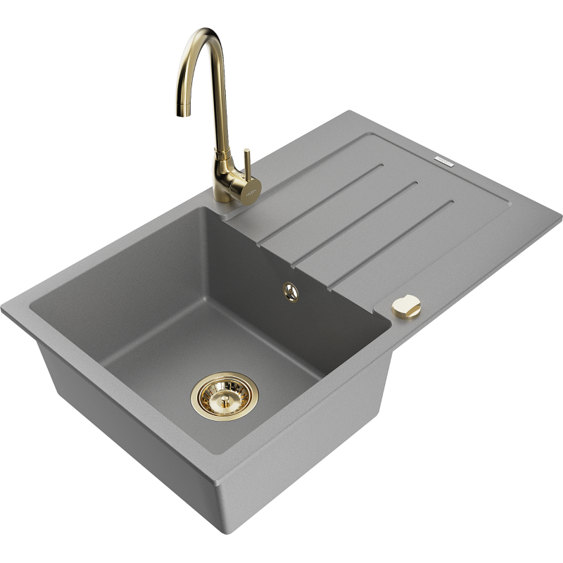 Mexen Bruno 1-compartment granite sink with a drip tray and kitchen mixer tap Telma, Grey - 6513-71-670200-50