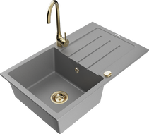 Mexen Bruno 1-compartment granite sink with a drip tray and kitchen mixer tap Telma, Grey - 6513-71-670200-50