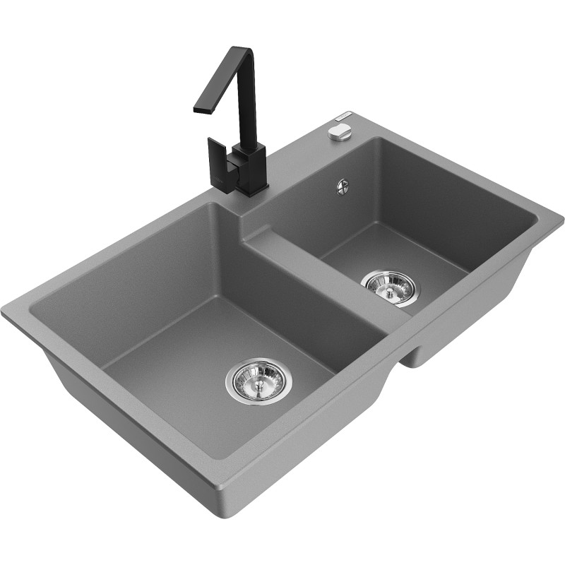 Mexen Tomas granite double-bowl sink with Rita kitchen faucet, gray - 6516-71-670300-70