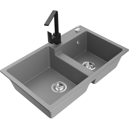 Mexen Tomas 2-chamber granite sink with Rita kitchen faucet, gray - 6516-71-670300-70
