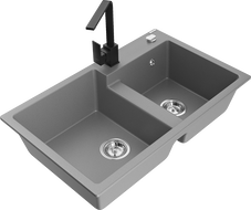 Mexen Tomas granite double-bowl sink with Rita kitchen faucet, gray - 6516-71-670300-70