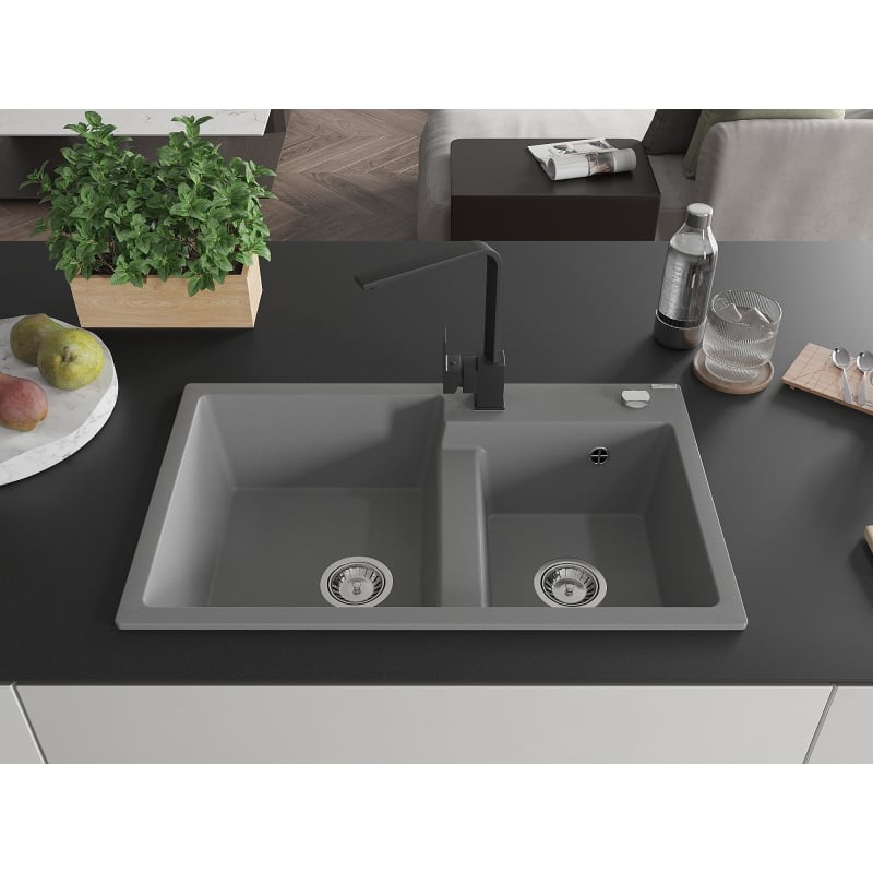 Mexen Tomas 2-chamber granite sink with Rita kitchen faucet, gray - 6516-71-670300-70