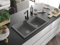 Mexen Tomas granite double-bowl sink with Rita kitchen faucet, gray - 6516-71-670300-70