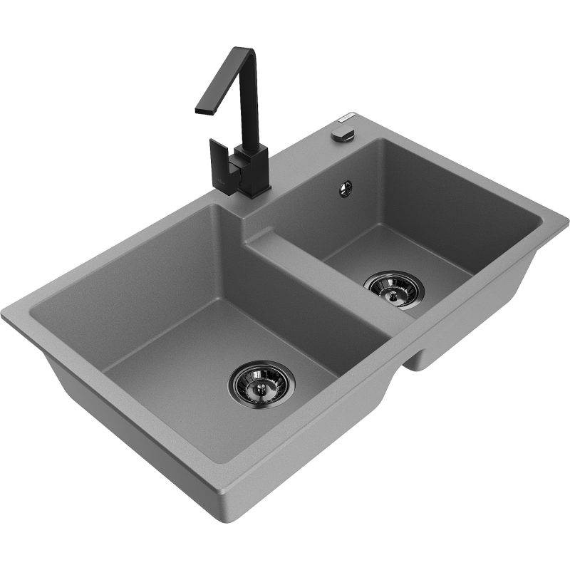 Mexen Tomas 2-compartment granite sink with a kitchen mixer tap Rita, Grey - 6516-71-670300-70-B